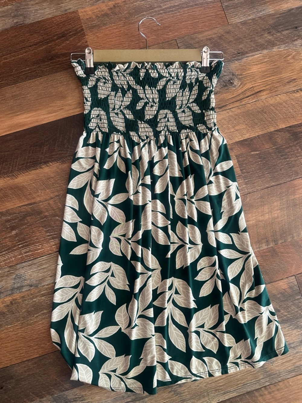 Strapless Smocked Leaf Print Sundress - Green & Cream